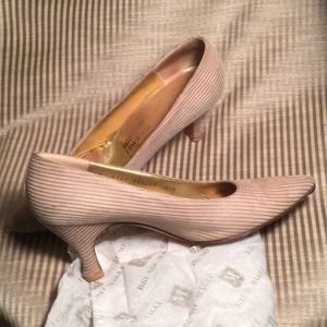 Bruno Magli suede taupe pinstripe pumps